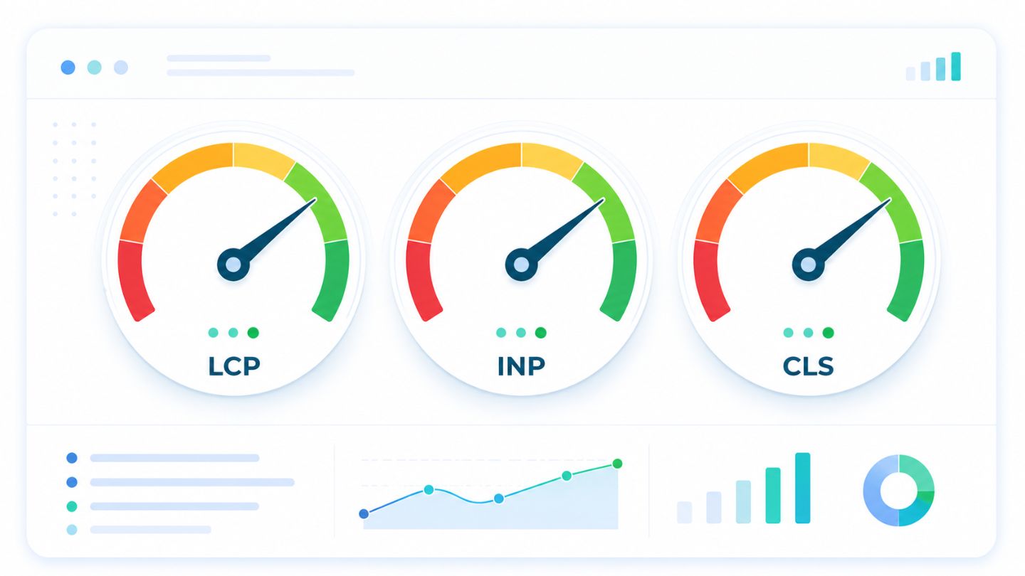 Core Web Vitals 2026 — LCP, INP, and CLS performance gauges